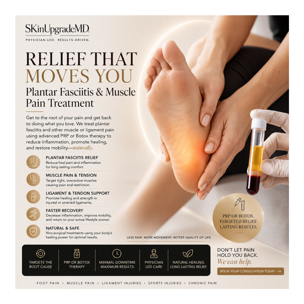The Best  Top rated SkinUpgradeMD plantar fasciitis and muscle pain treatment showing a person holding a foot with a hand holding a dropper bottle.